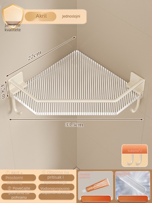 Kupaonski trokutasti kutni polic, bez rupa, konstrukcija od plastike i aluminija, premaz s pečenom bojom, 1 polica, kut u obliku ventilatora