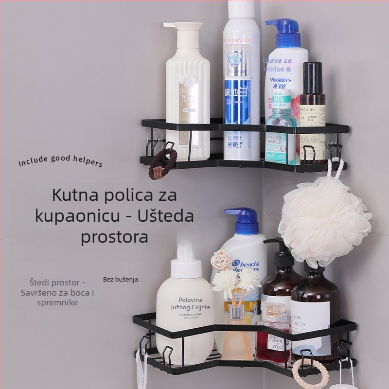 Trokutna kutna zidna polica s kukom — za kupaonicu i skladištenje kozmetike