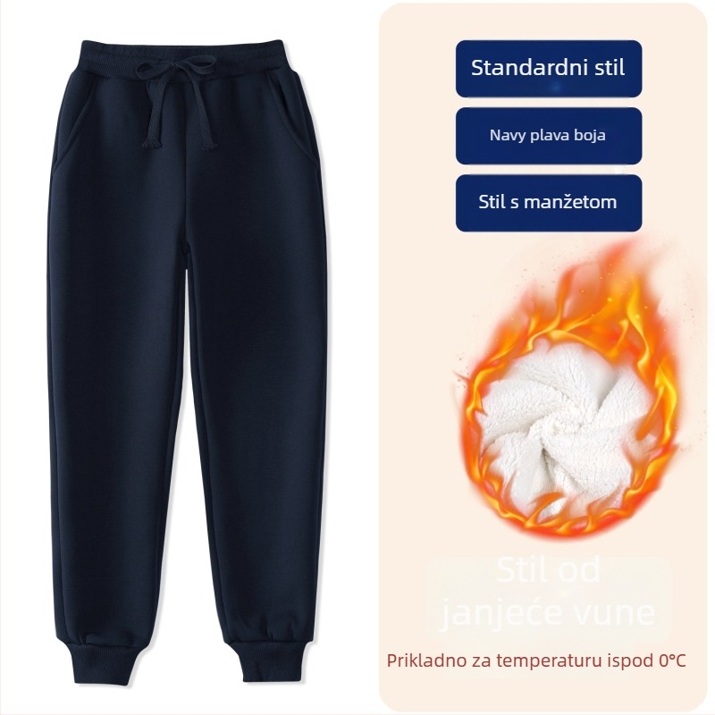 Dječje zimske sportske hlače od pamuka s fleece podstavom, srednje visoki pojas, elastičan pojas, jednofarbene, pogodne za školsku uniformu
