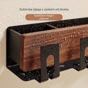 Zidni organizator kupaonice za četkice za zube i sušilo za kosu, dvije razine, polirana površina, materijal aluminijska liga i drvo, nosivost preko 50 kg