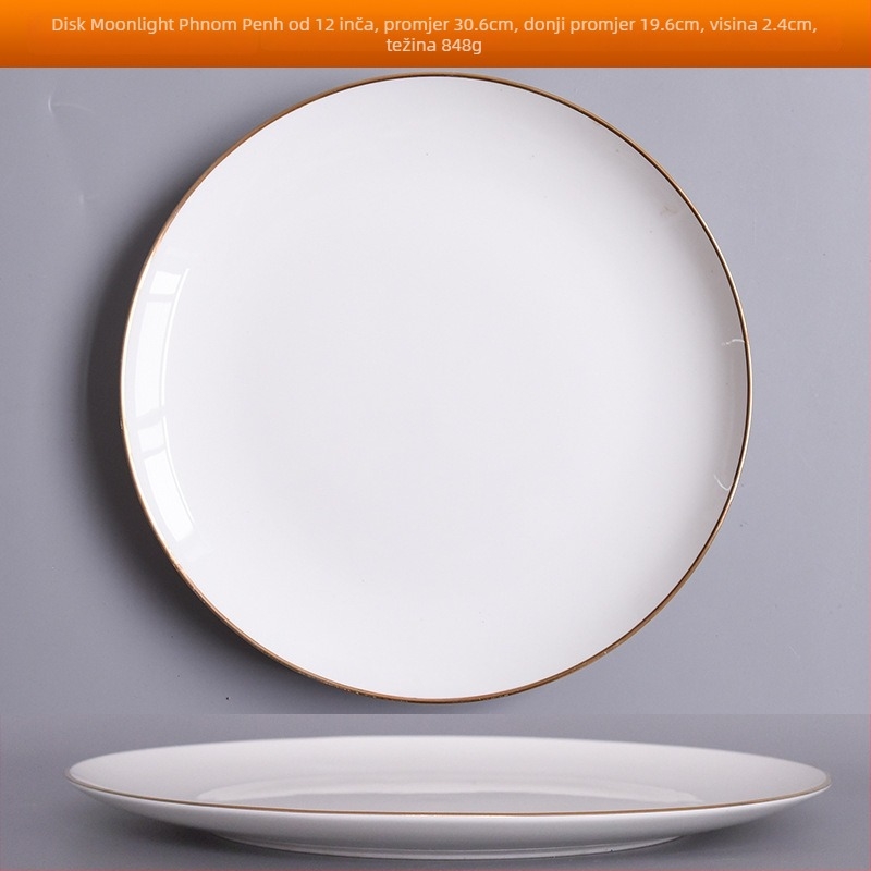 Set tanjura od kostnog porcelana sa zlatnim rubom, okrugli, sjajna površina, nije pogodno za mikrovalnu