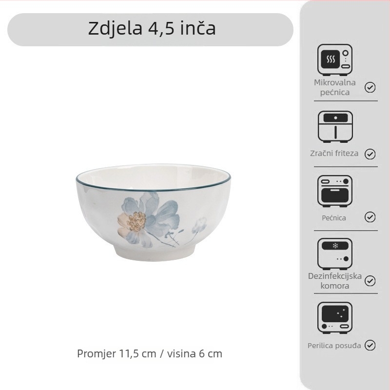 Japanski stil porcelanski set posuđa s pod-glazurnim cvjetnim uzorkom – zdjele, tanjuri i pladnje; porculan; mikrovalna kompatibilna