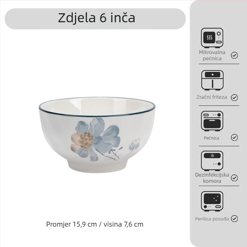 Japanski stil porcelanski set posuđa s pod-glazurnim cvjetnim uzorkom – zdjele, tanjuri i pladnje; porculan; mikrovalna kompatibilna