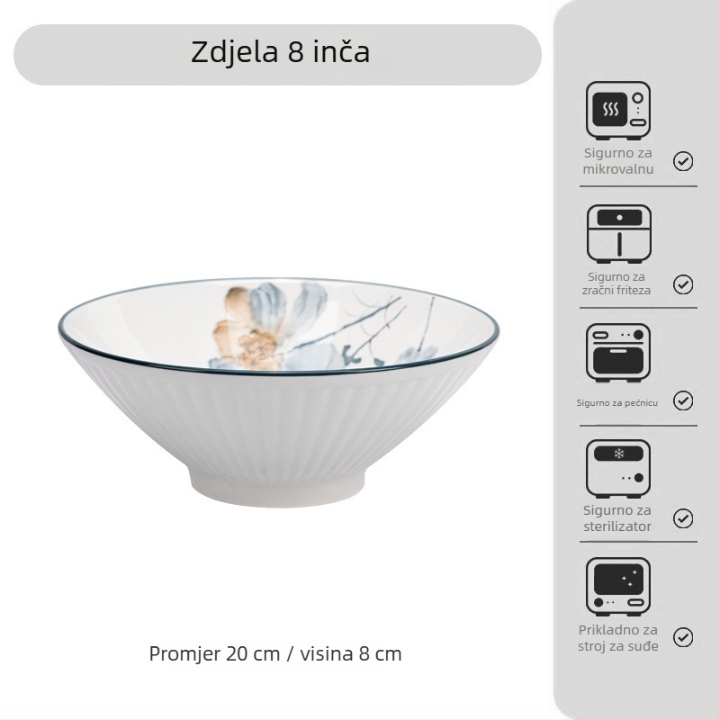 Japanski stil porcelanski set posuđa s pod-glazurnim cvjetnim uzorkom – zdjele, tanjuri i pladnje; porculan; mikrovalna kompatibilna