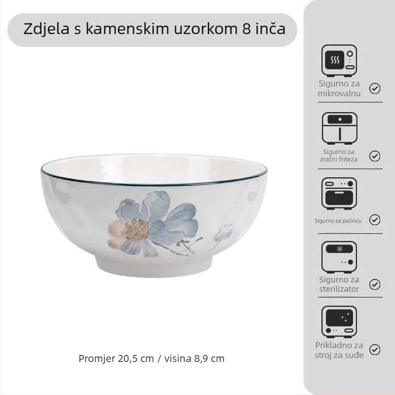 Japanski stil porcelanski set posuđa s pod-glazurnim cvjetnim uzorkom – zdjele, tanjuri i pladnje; porculan; mikrovalna kompatibilna