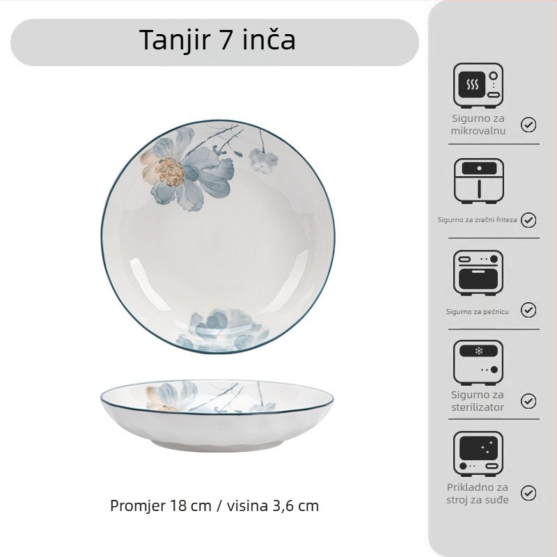 Japanski stil porcelanski set posuđa s pod-glazurnim cvjetnim uzorkom – zdjele, tanjuri i pladnje; porculan; mikrovalna kompatibilna
