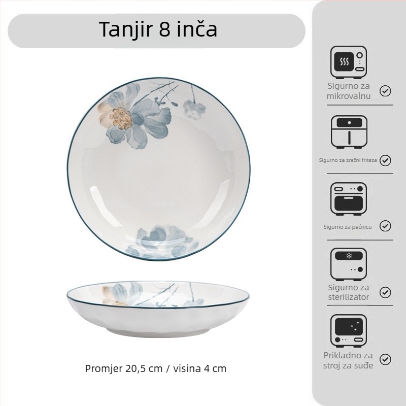 Japanski stil porcelanski set posuđa s pod-glazurnim cvjetnim uzorkom – zdjele, tanjuri i pladnje; porculan; mikrovalna kompatibilna
