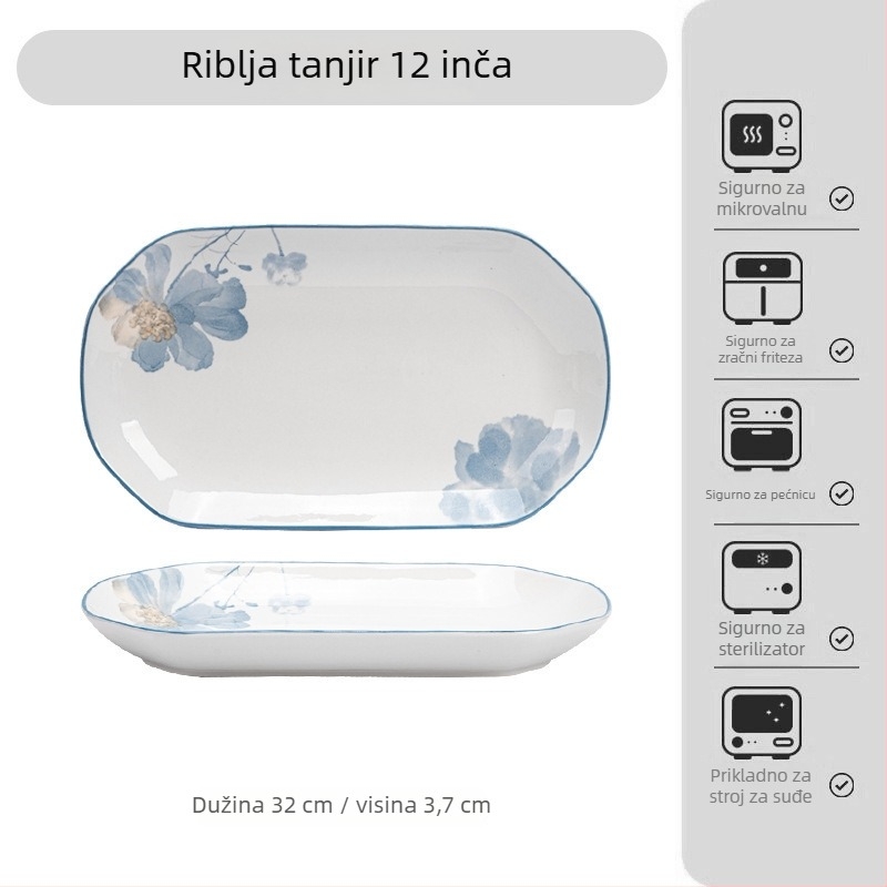 Japanski stil porcelanski set posuđa s pod-glazurnim cvjetnim uzorkom – zdjele, tanjuri i pladnje; porculan; mikrovalna kompatibilna