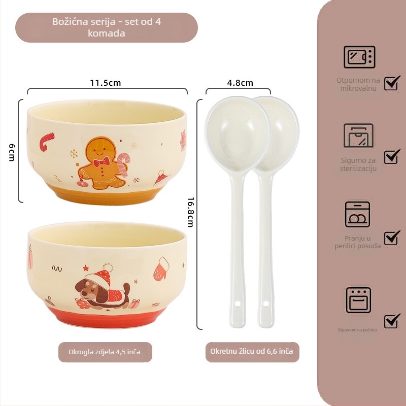 Set keramičkih zdjela s motivom Gingerbread Man, okruglog oblika, sladak stil, pogodno za mikrovalnu pećnicu