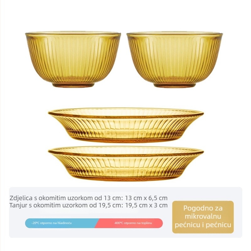 Set zdjela za rižu i tanjur od otporног stakla, mikrotalasna sigurnost, promjer 19 cm, kružnog oblika, jednostavne boje, moderni minimalistički stil