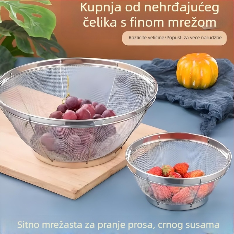 Nehrđajući čelični kružni mrežasti koš za ispiranje riže, sezama i povrća; kućni koš za pranje s regulacijom vode i filtracijom