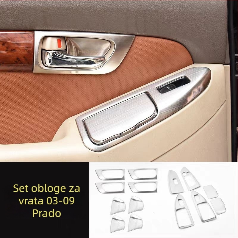 Unutarnji panel ručne kvake vrata – nehrđajući čelik; otporan na ogrebotine i habanje; pozicija: panel za prekidač prozora; kompatibilno s Toyota Prado LC120; brend Sphoree