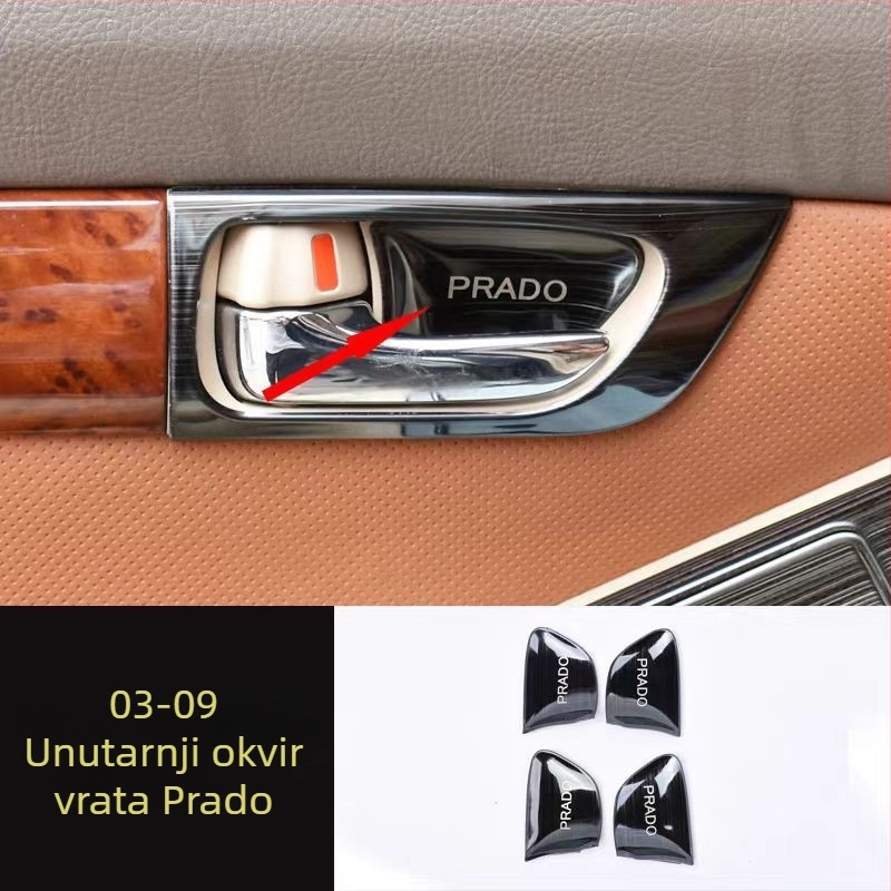 Unutarnji panel ručne kvake vrata – nehrđajući čelik; otporan na ogrebotine i habanje; pozicija: panel za prekidač prozora; kompatibilno s Toyota Prado LC120; brend Sphoree