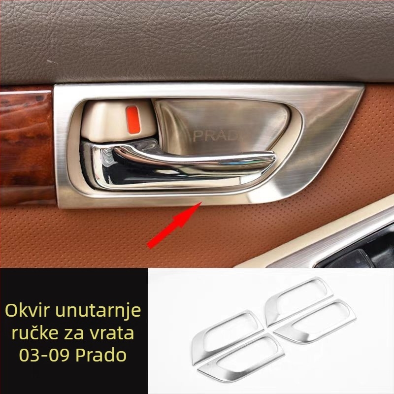 Unutarnji panel ručne kvake vrata – nehrđajući čelik; otporan na ogrebotine i habanje; pozicija: panel za prekidač prozora; kompatibilno s Toyota Prado LC120; brend Sphoree