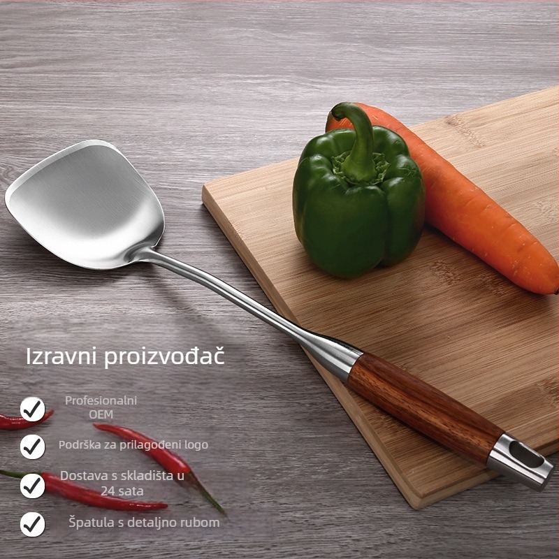 Špatula od nehrđajućeg čelika 304 s drškom od drveta – protuklizna, otporna na visoke temperature, protiv opeklina