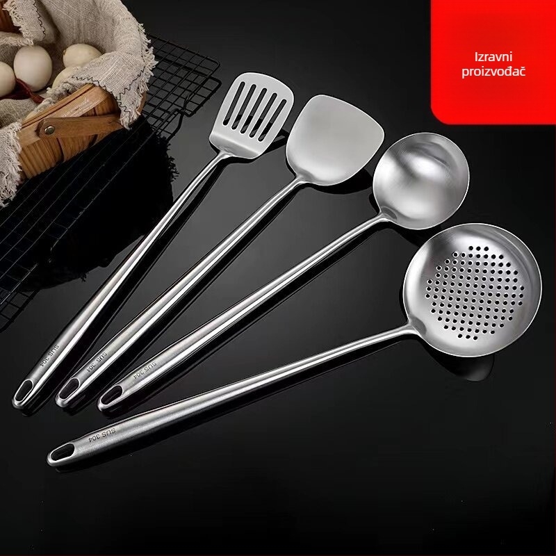 Yifu 304 nehrđajući čelik – set spatule i žlice, četiri kuhinjska alata s dugim prozračnim ručkama protiv opeklina, kompatibilno s nepremazanim posudama, antibakterijski završetak