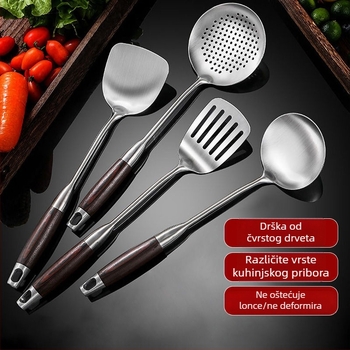 Set žlica i spatula od nehrđajućeg čelika s drvenim drškama, otporan na visoke temperature, protuklizno, izdržljivo, višenamjenski, mogućnost prilagodbe