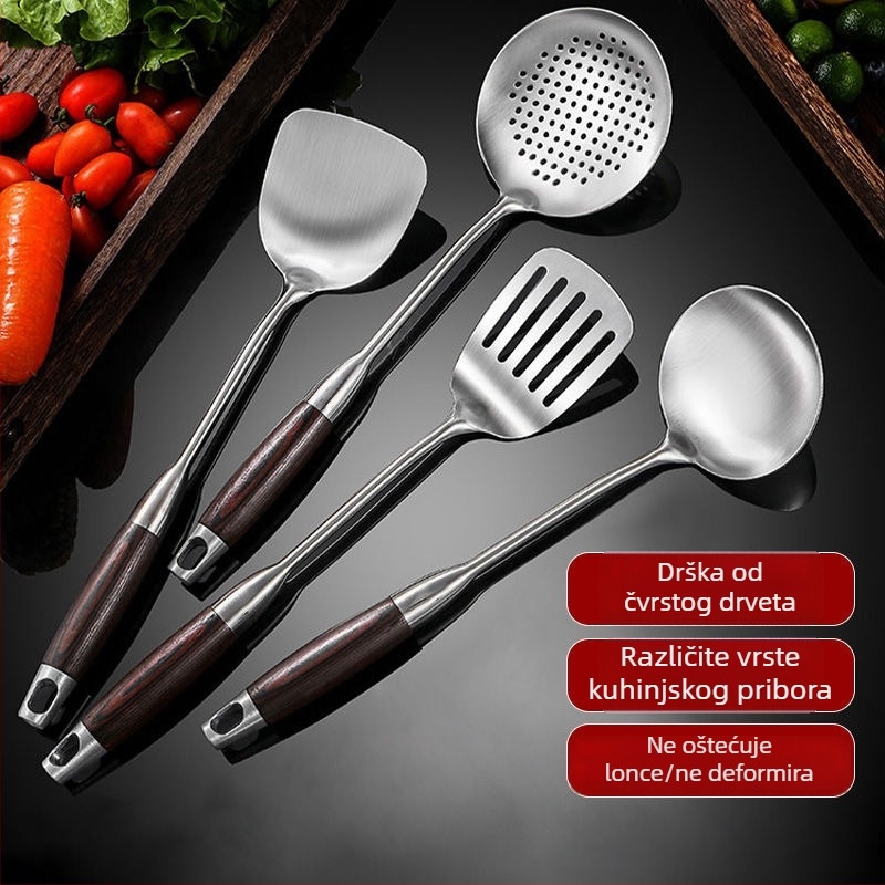 Set žlica i spatula od nehrđajućeg čelika s drvenim drškama, otporan na visoke temperature, protuklizno, izdržljivo, višenamjenski, mogućnost prilagodbe
