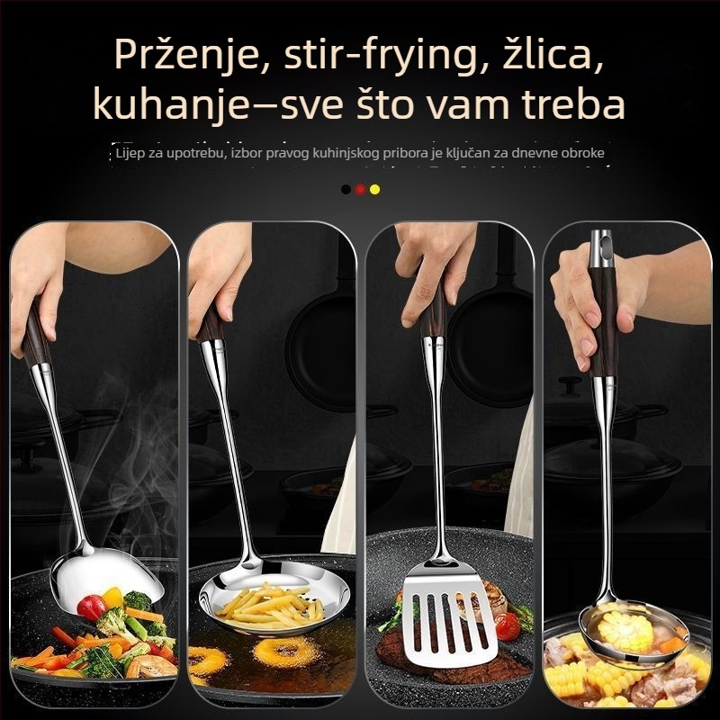 Set žlica i spatula od nehrđajućeg čelika s drvenim drškama, otporan na visoke temperature, protuklizno, izdržljivo, višenamjenski, mogućnost prilagodbe