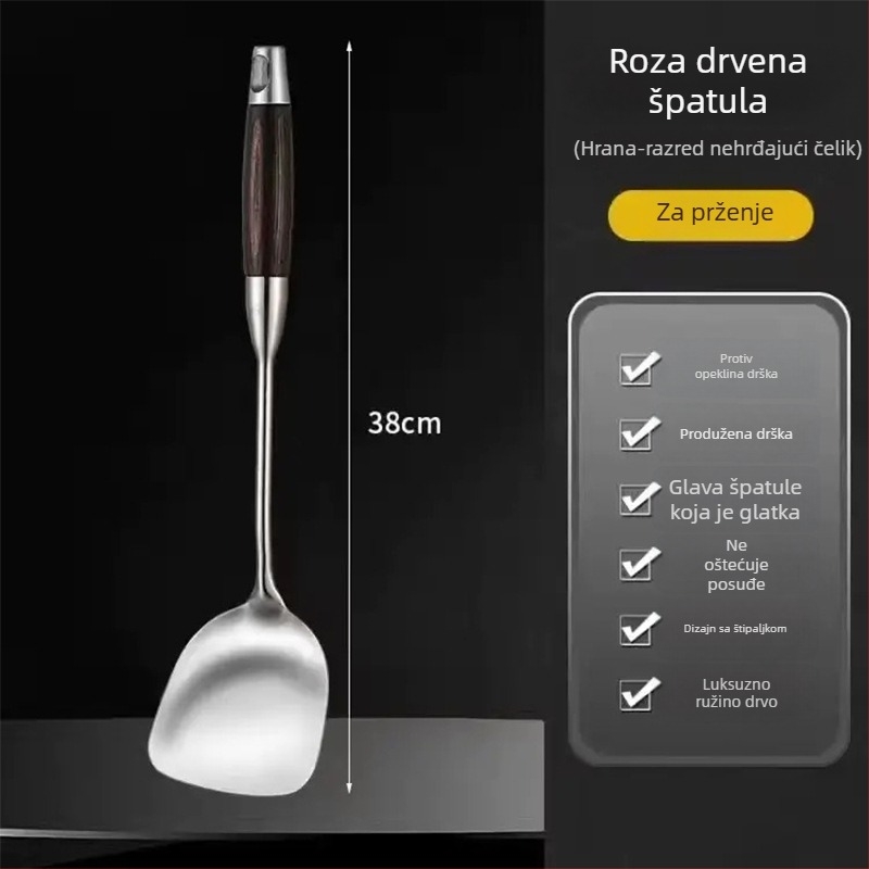 Set žlica i spatula od nehrđajućeg čelika s drvenim drškama, otporan na visoke temperature, protuklizno, izdržljivo, višenamjenski, mogućnost prilagodbe