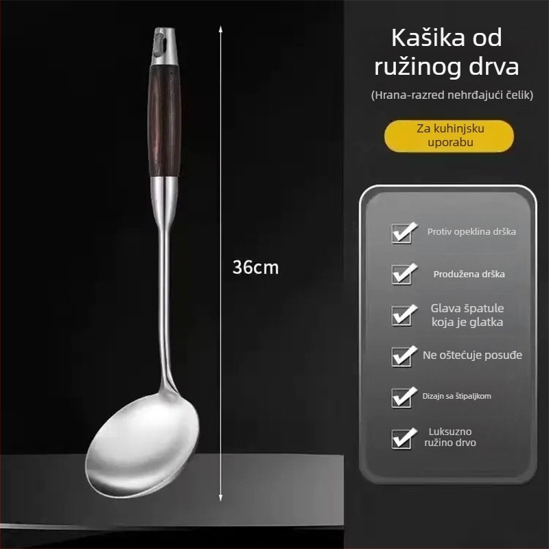 Set žlica i spatula od nehrđajućeg čelika s drvenim drškama, otporan na visoke temperature, protuklizno, izdržljivo, višenamjenski, mogućnost prilagodbe