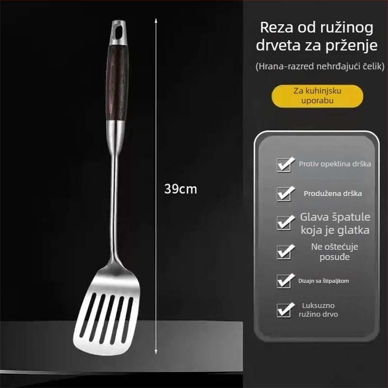 Set žlica i spatula od nehrđajućeg čelika s drvenim drškama, otporan na visoke temperature, protuklizno, izdržljivo, višenamjenski, mogućnost prilagodbe