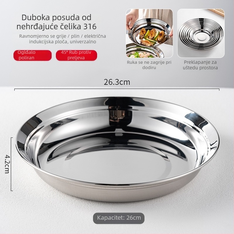 Duboki tanjur od nehrđajućeg čelika, prehrambene kvalitete, kružnog oblika, ispis logotipa i mogućnost prilagodbe