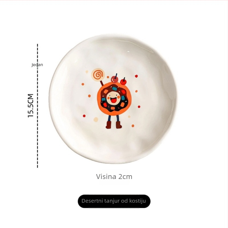 Tanjur od kostnog porcelana, keramički tanjur za užinu, karikaturni uzorak, sladak stil, mikrovalna sigurnost, površina ispod glazure + decal visoke temperature