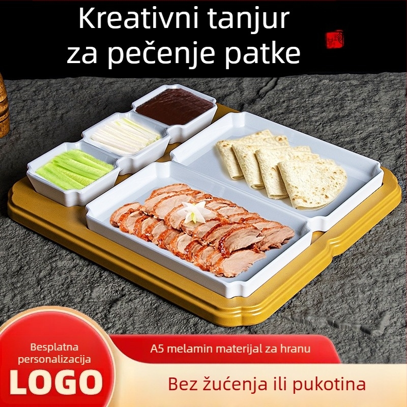 Melamin pravokutni tanjur s glaziranim završetkom, mogućnost ispisa logotipa i prilagodbe, nije kompatibilan s mikrovalnom pećnicom, lansiran 2025.
