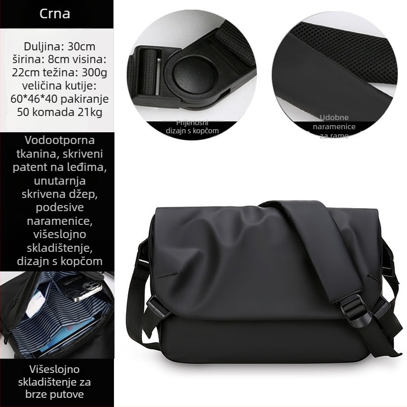 Muška crossbody torba u uličenom stilu, najlon, vodootporna, ultralaka, može podnijeti 11-inčni prijenosnik