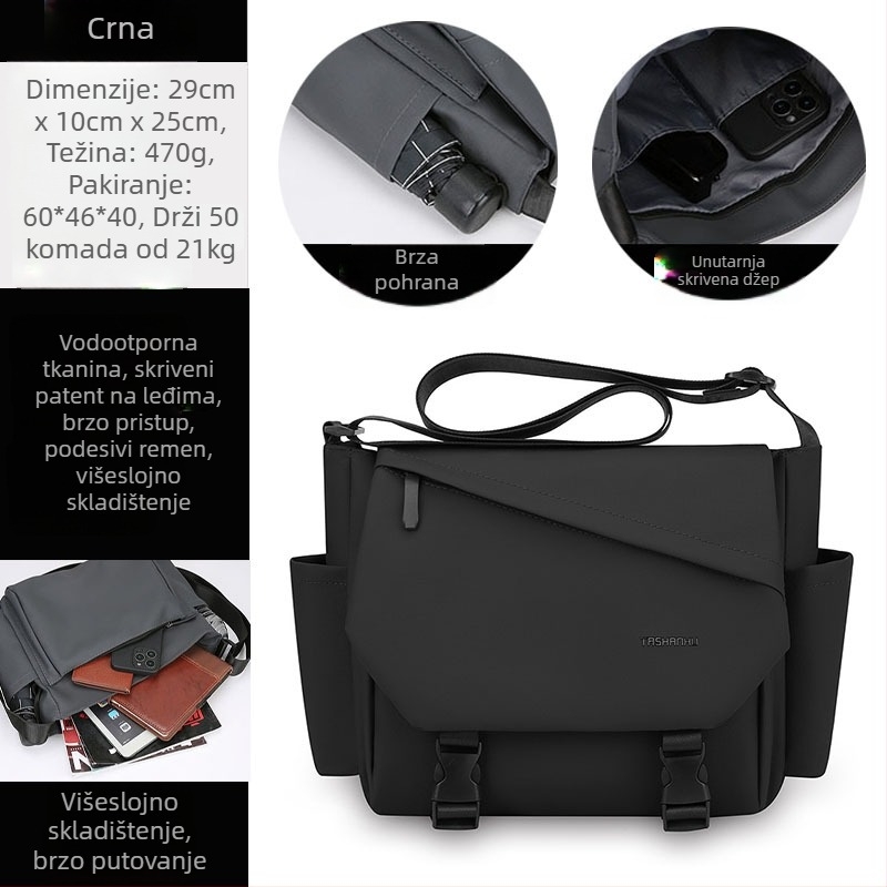 Muška crossbody torba u uličenom stilu, najlon, vodootporna, ultralaka, može podnijeti 11-inčni prijenosnik