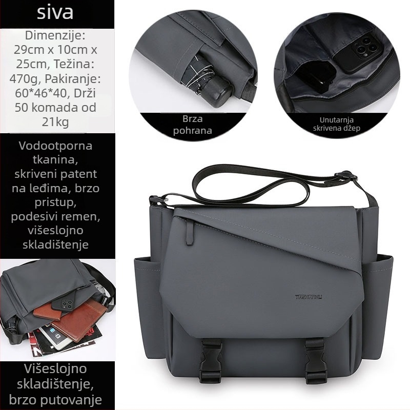 Muška crossbody torba u uličenom stilu, najlon, vodootporna, ultralaka, može podnijeti 11-inčni prijenosnik