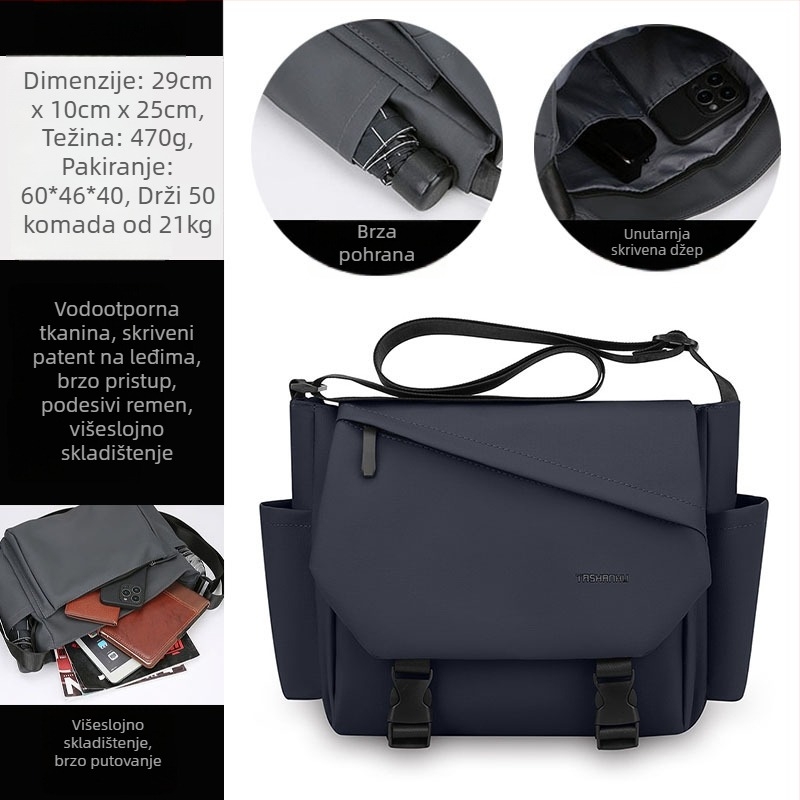 Muška crossbody torba u uličenom stilu, najlon, vodootporna, ultralaka, može podnijeti 11-inčni prijenosnik