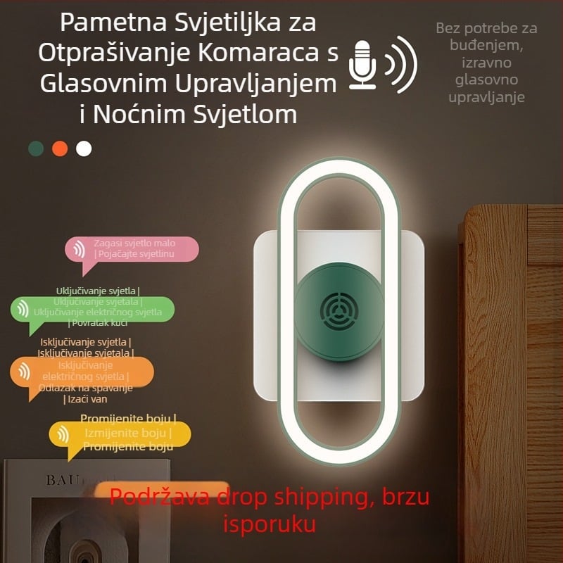 Inteligentno glasovno upravljano ultrazvučno odganjanje komaraca s noćnom lampom – napajanje iz utičnice, pokrivenost 10 m², LED, ABS kućište, bez baterije