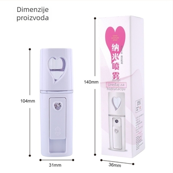 Ručni uređaj za hidrataciju raspršivanjem – hladno raspršivanje, nano magla, ugrađena baterija 300–500 mAh, vrijeme raspršivanja do 10 s, 1. stupanj