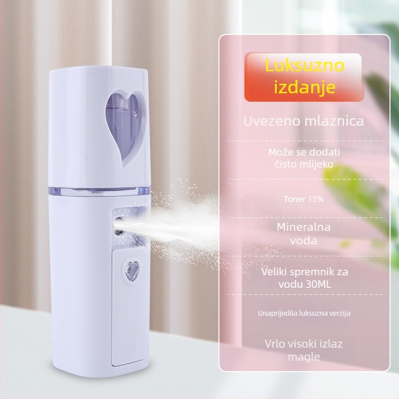 Ručni uređaj za hidrataciju raspršivanjem – hladno raspršivanje, nano magla, ugrađena baterija 300–500 mAh, vrijeme raspršivanja do 10 s, 1. stupanj