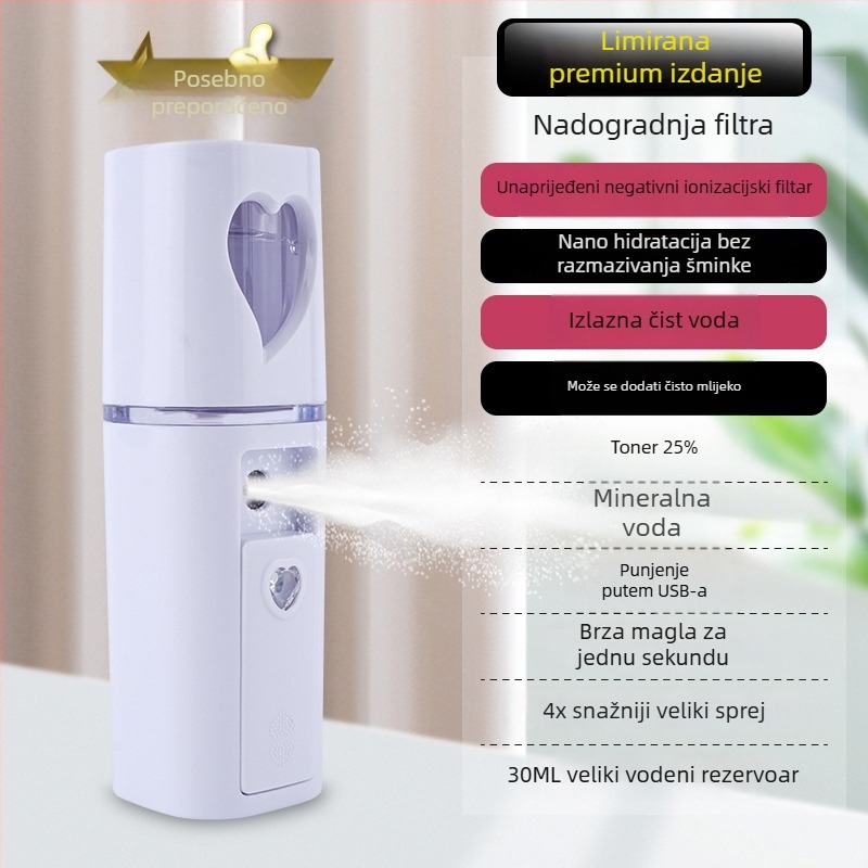 Ručni uređaj za hidrataciju raspršivanjem – hladno raspršivanje, nano magla, ugrađena baterija 300–500 mAh, vrijeme raspršivanja do 10 s, 1. stupanj