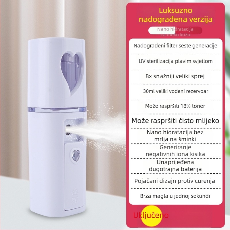 Ručni uređaj za hidrataciju raspršivanjem – hladno raspršivanje, nano magla, ugrađena baterija 300–500 mAh, vrijeme raspršivanja do 10 s, 1. stupanj