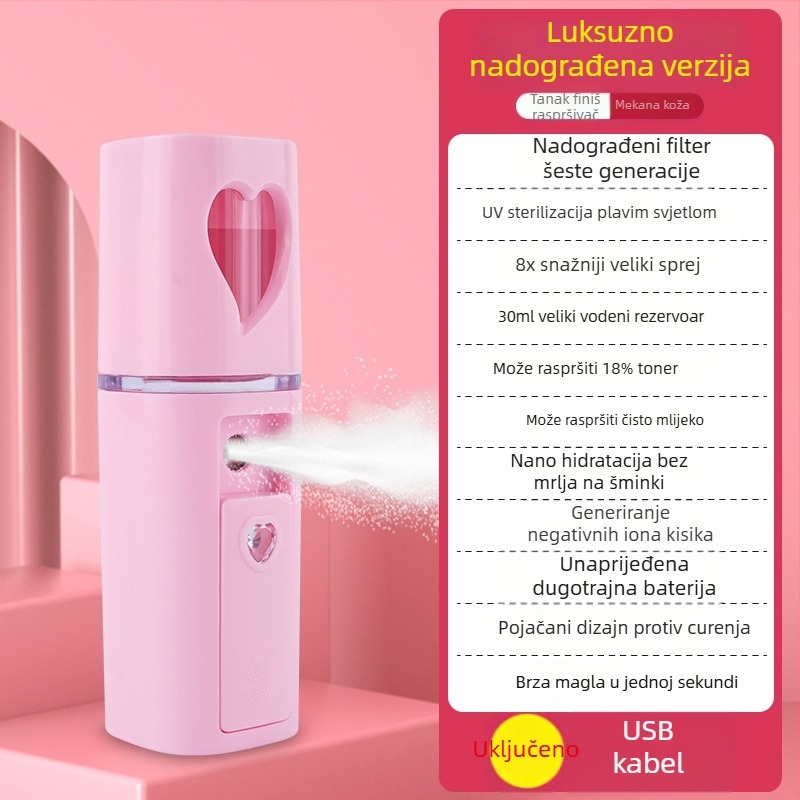 Ručni uređaj za hidrataciju raspršivanjem – hladno raspršivanje, nano magla, ugrađena baterija 300–500 mAh, vrijeme raspršivanja do 10 s, 1. stupanj