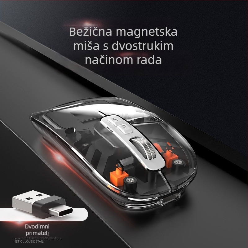 Bežična Bluetooth miša s dvostrukim načinom punjenja USB-C, 2.4G + Bluetooth, 5 tipki, 400mAh baterija, DPI 800–1600, domet 10 m