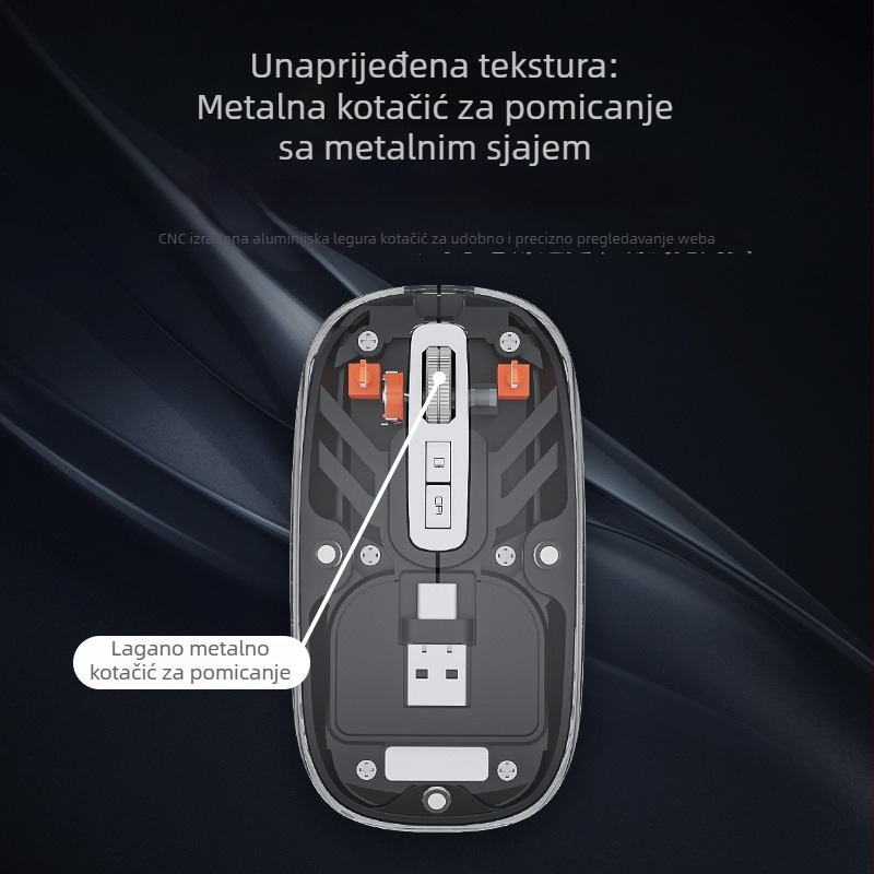 Bežična Bluetooth miša s dvostrukim načinom punjenja USB-C, 2.4G + Bluetooth, 5 tipki, 400mAh baterija, DPI 800–1600, domet 10 m