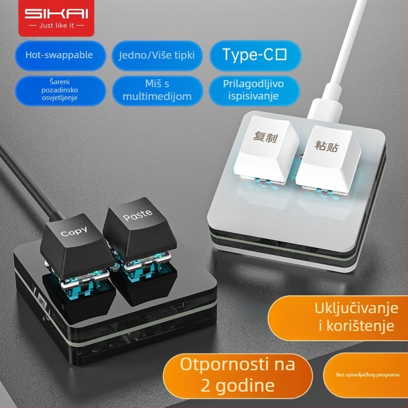 Prilagođeni mini keypad s dva tipke, mehanički tipke s crvenim osovinama, USB-žičani, 1 m kabel, ABS kućište, jednobojno pozadinsko osvjetljenje