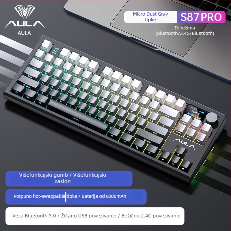 Mehanička tipkovnica s tri načina (Bluetooth/2.4G USB), hot-swappable prekidači, RGB pozadinsko osvjetljenje, PBT tipke