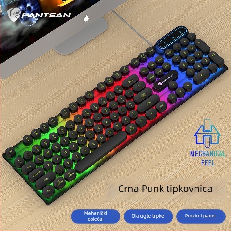 PT100 Set gejming tipkovnice i miša s okruglim tipkama, žično osvijetljen, mehanički doživljaj, 108 tipki, ABS, podrška za dlan, model PT100