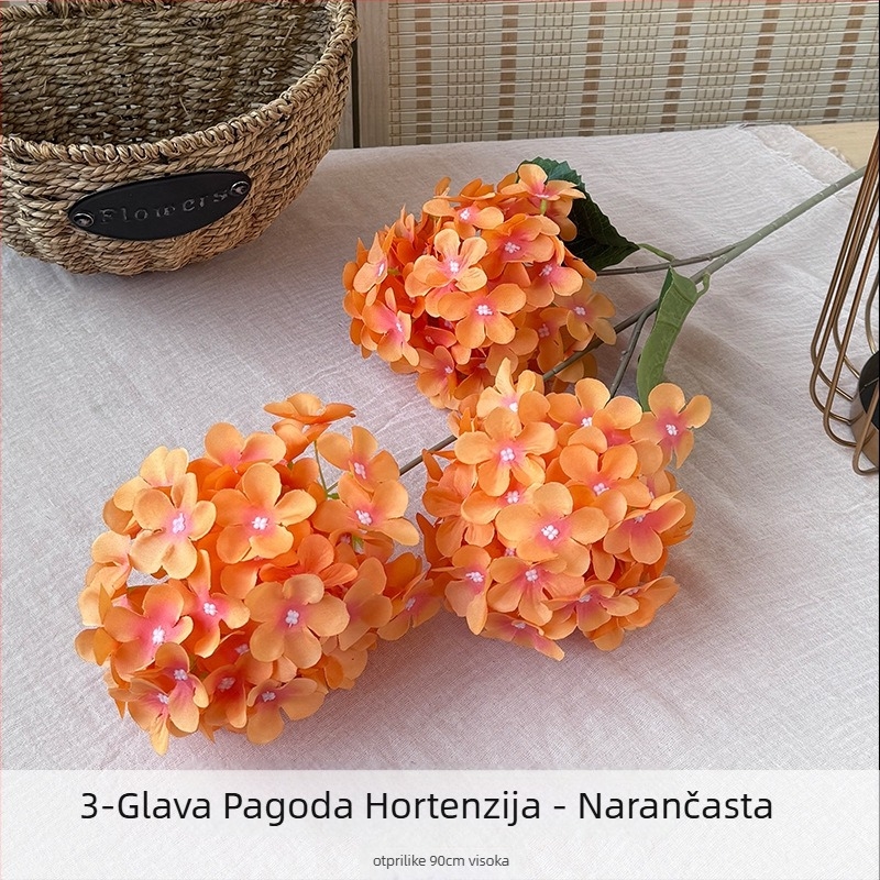 Orange svileno cvijeće, 3-glava pagoda hidrangea, cvjetni aranžman s reljefnim stilom za vjenčanje i kućnu dekoraciju