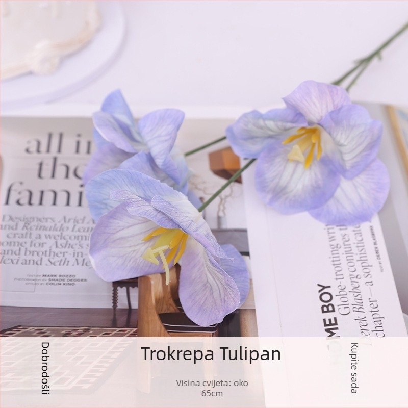 Tulipan od svile s tri cvjetne glavice i preklopljenim laticama - umjetni cvijet za vjenčanja i kućnu dekoraciju