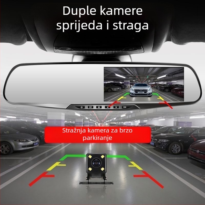Bežični dvostruki objektiv auto DVR, 1080p video, 5MP fotografije, sve-u-jednom kamera za vožnju unatrag