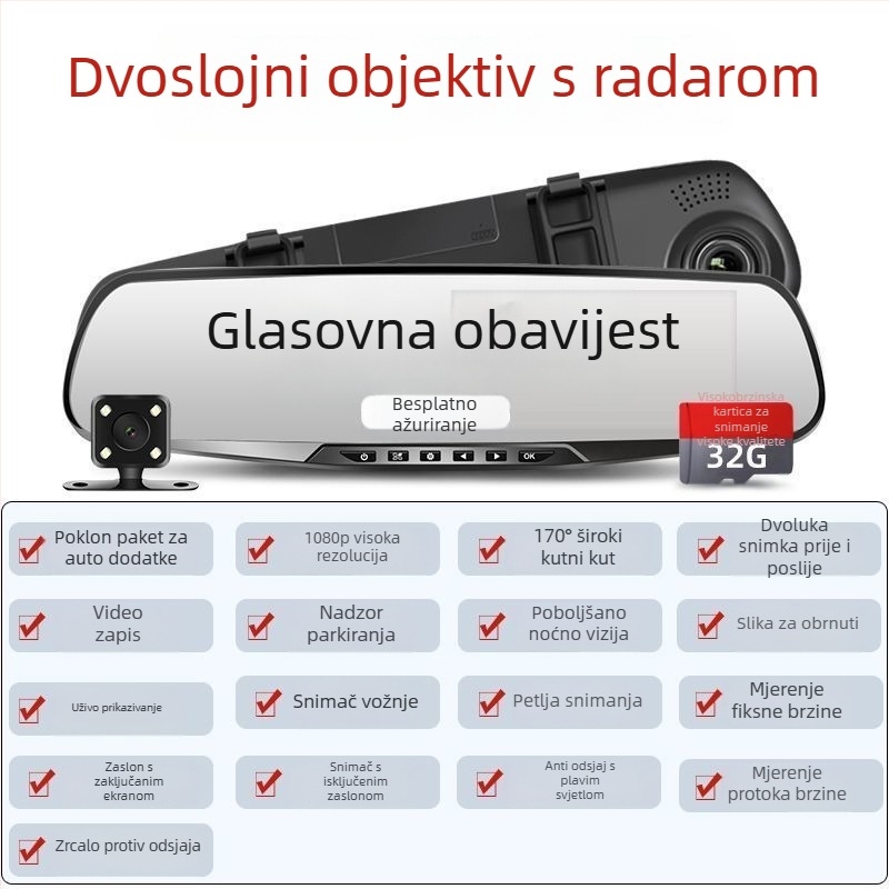 Bežični dvostruki objektiv auto DVR, 1080p video, 5MP fotografije, sve-u-jednom kamera za vožnju unatrag
