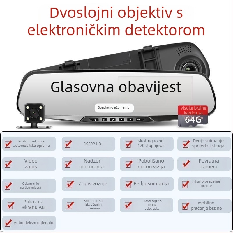 Bežični dvostruki objektiv auto DVR, 1080p video, 5MP fotografije, sve-u-jednom kamera za vožnju unatrag