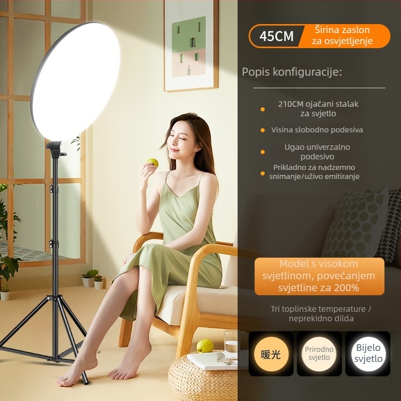 Kružna LED rasvjeta za dopunjavanje za livestream i unutarnju fotografiju, tri temperature boje, snaga 10-50 W, napon 220 V